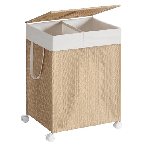 SONGMICS HOME Laundry Hamper with 2 Section, 100 L, Synthetic, with Wheels | Rolling Clothes Basket with Lid, Removable Liner with Handles, Matte White and Tan, PEZZO Collection ULCB601N01 - color: Natural Beige + Matte White, size: 100 L