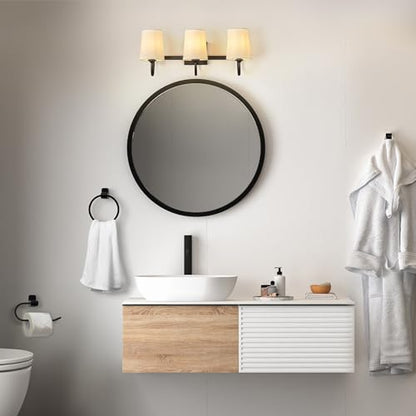 Globe Electric 63000206 5-Piece All-in-One Bathroom Set, 3-Light Vanity Light, Matte Black, Linen Shades, Towel Bar, Robe Hook, Toilet Paper Holder, Towel Ring, Bathroom Lights Over Mirror - color: Matte Black, Linen