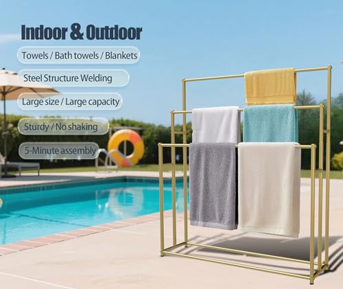 3 Tier Standing Towel Rack - Extra Wide Large Bathroom Towel Stand, Heavy-Duty Metal Towel Drying Rack for Poolside (Matte Gold, 25.6” Wide) - color: Gold