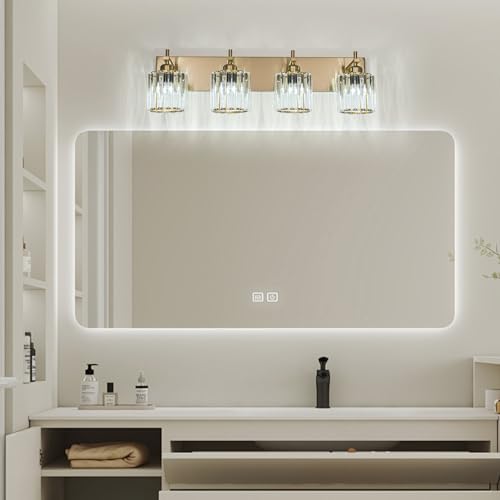 Modern Crystal Bathroom Vanity Lights, Gold 4-Lights Bathroom Light Fixtures Over Mirror, Crystal Wall Lighting with Polished Gold Finish - color: Gold-Round Shade, size: 4-Light