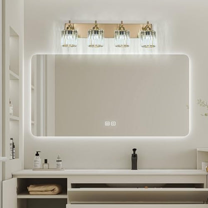 Modern Crystal Bathroom Vanity Lights, Gold 4-Lights Bathroom Light Fixtures Over Mirror, Crystal Wall Lighting with Polished Gold Finish - color: Gold-Round Shade, size: 4-Light