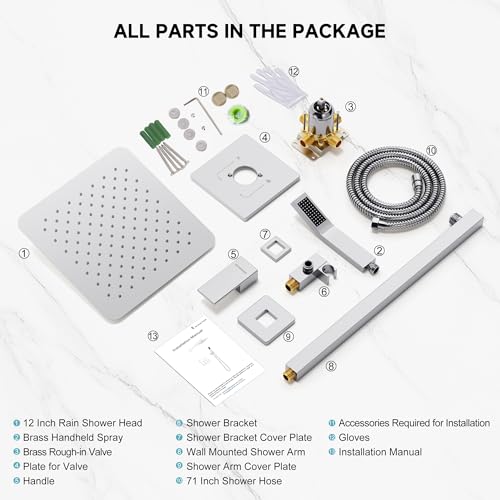 SR SUN RISE Shower Faucet Set & System - 12 Inch Rainfall Shower Head & Handle Set Wall Mounted Polished Chrome Solid Brass Valve Trim Kit Included - color: Polished Chrome, size: 12 Inch