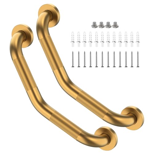 16 Inch Angled Grab Bar 2 Pack, ZUEXT Anti Slip Brushed Gold Shower Grab Bar, Stainless Steel Knurled Bathroom Balance Bar, Safety Hand Rail Support,Handicap Elderly Injury Senior Assist Bath Handle - color: Gold, size: 16 Inch - 2 Pack