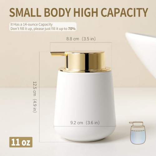 Bosilunlife 12Oz Ceramic Foam Soap Dispenser for Bathroom Kitchen Counter | Premium countertop foam pump creates delicate dense foam, stable desktop placement, Matte White with Gold - color: White&gold