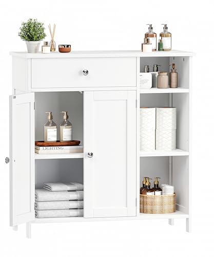 Keehusux White Cabinet with Large Drawer, Floor Bathroom Storage Cabinet with Doors & Adjustable Shelves, Modern Storage Cupboard with 3 Open Space for Living Room, Entryway, Dining Room