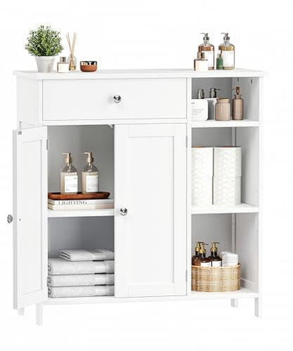 Keehusux White Cabinet with Large Drawer, Floor Bathroom Storage Cabinet with Doors & Adjustable Shelves, Modern Storage Cupboard with 3 Open Space for Living Room, Entryway, Dining Room