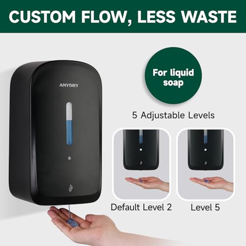 anydry Commercial Automatic Soap Dispenser 34oz Large Capacity Wall-Mounted | Touchless Liquid Dispenser, Five-Level Adjustment, Ideal for High-Traffic Bathroom, Restroom, Durable Wall-Mount Installation - color: Black