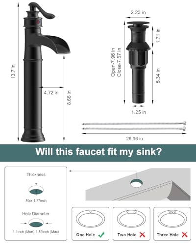 BWE Vessel Sink Faucet Waterfall Matte Black Bathroom Faucets Single Hole | Tall Sink Faucet Bathroom One Handle Vanity Bath Mixer Tap with Pop Up Drain Without Overflow and Supply Lines - color: Black