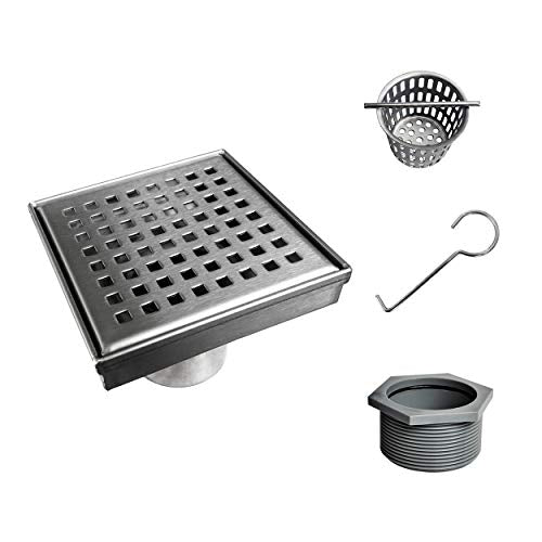 Neodrain 4 in Brushed Square Shower Drain with Quadrato Pattern Grate | 304 Stainless Steel Square Drain for bathroom, with Hair Strainer and Lifting Hook,Waterproof & Durable, CUPC Certified - color: Stainless, size: 4 IN