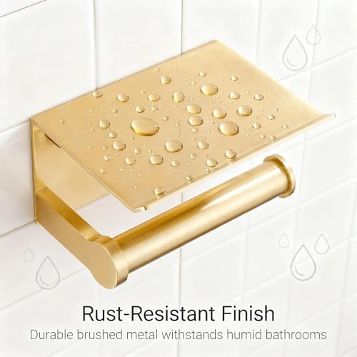 YOUDA Gold Toilet Paper Holder with Shelf Wall Mount - Self-Adhesive No Drill & Screw Mounted, Rust-Resistant Aluminum Space Saving Bathroom Storage