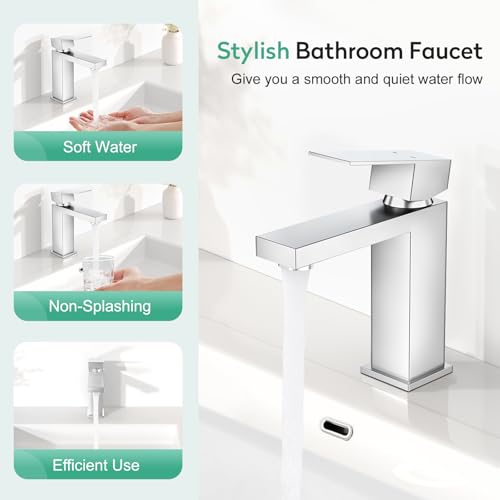 Faustina Polished Chrome Bathroom Faucet, Single Handle Stainless Steel Bathroom Vanity Faucet with Metal Pop-Up Drain and Deck Plate for 1 or 3 Hole - color: Chrome, style: Classic