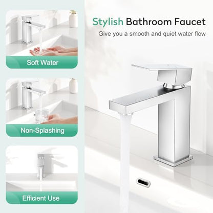 Faustina Polished Chrome Bathroom Faucet, Single Handle Stainless Steel Bathroom Vanity Faucet with Metal Pop-Up Drain and Deck Plate for 1 or 3 Hole - color: Chrome, style: Classic