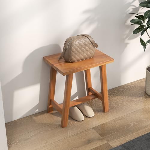 Giantex Teak Shower Bench, Waterproof Shower Stool for Shaving Legs & Spa Bath, Smooth Seat, Anti-Slip Foot Pads, Compact Wooden Shower Chair for Inside Shower, Bathroom, Living Room, Bedroom, Natural
