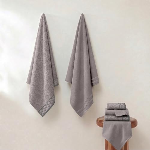 Modern Threads 6 Piece Cotton Bath Towel Set – Ultra Soft 550 GSM Towels – Bathroom Set with Hand Towels and Washcloths – Diamond Border (Silver Cloud) - color: Silver Cloud, style: Diamond Border