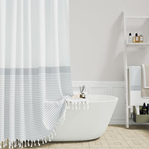 Stall Fabric Shower Curtain, 60 inch Modern Farmhouse Grey and White Boho Striped Cloth Shower Curtain with Tassels, Hotel Luxury Bathroom Shower Curtain Set with 10 Hook, Grey, 60x72 - color: Grey, size: 60"W x 72"L (Pack of 1)