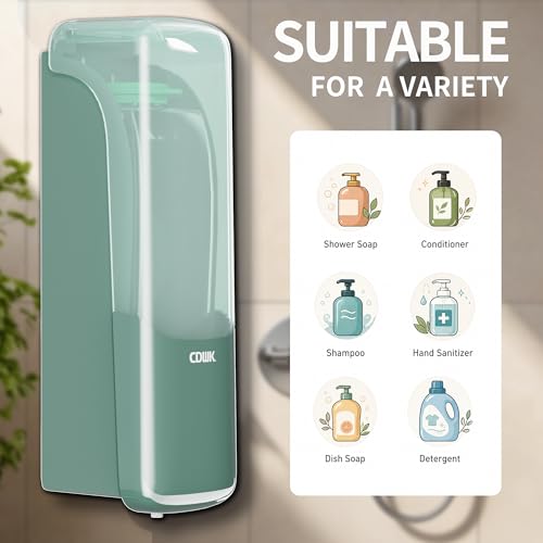 Soap Dispenser Wall Mount, 300ml No-Drill Adhesive or Screw Mounting | Shampoo Conditioner Body Wash Dispenser, Clear Refillable Liquid Lotion Pump, Home Kitchen Bathroom Commercial Office Use - color: Green