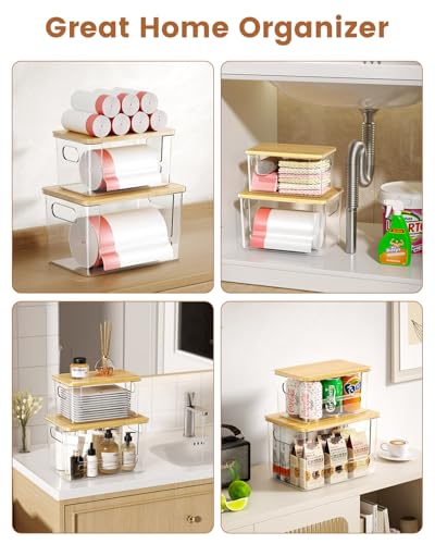 Trash Bag Dispenser 2-Pack, Stackable Trash Bag Holder with Bamboo Lid – Clear Plastic Garbage Bag Organizer for 13/30/33 Gal Bags, Space-Saving Under Sink Organizer for Kitchen, Laundry, Pantry - size: XL+XL