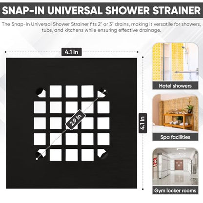 4-1/4” Square Snap-in Matte Black Shower Drain - Stainless Steel Replacement - 4.25 inch Durable Floor Cover -Snap-in - Easy Installation Universal Grate Strainer - color: Black