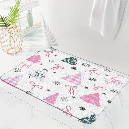 Christmas Bath Mat Xmas Tree with Bows Pink Snowflakes Winter Holiday Doormat Microfiber Memory Foam Absorbent Area Rug Bathroom Decor Rug,16x24 Inch - color: Pink Green, size: 16"x24"