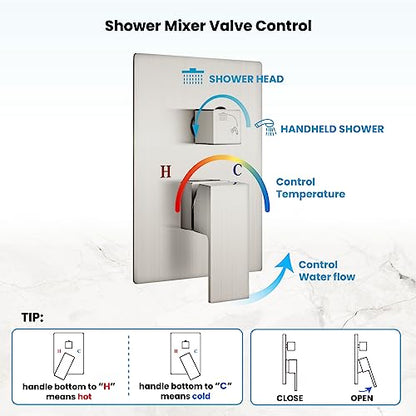 gotonovo Rainfall Bathroom Shower System Rain Shower Head and Handle Set Wall Mounted Shower Complete Combo Solid Brass Pressure Balancing Shower Mixer Valve 8 Inch Brushed Nickel - color: Brushed Nickel, size: 8 Inch