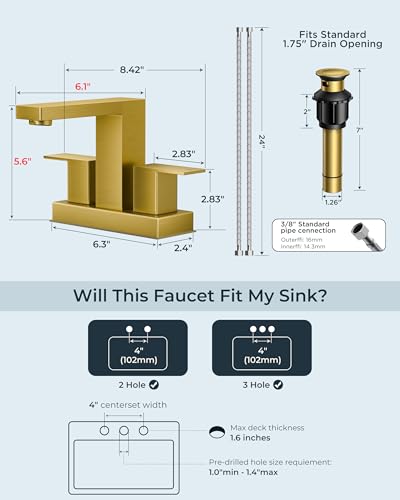 FORIOUS Gold Bathroom Faucet Centerset 4 Inch, Gold Vanity Faucet Remodel | CUPC Two Handle 4" Brushed Gold Centerset Bathroom Faucet 2 Hole with Accessories for Hospitality,Real Estate Procurement - color: Brushed Gold, style: Classic