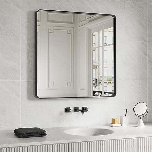 JISOSO 38x38 Inch Black Bathroom Mirror Metal Framed | Anti-Rust, Tempered Glass, Shatter Proof, Hangs Horizontally or Vertically - color: Black, size: 38"L x 38"W