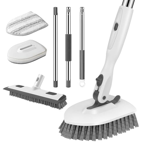 SetSail 4-in-1 Tile Tub Floor Scrubber with Floor Scrub Brush, White Grey | with 3 Detachable Replacement Brush Head, Multi-Angle Cleaning Locks at 45°, 90°, 180° for Bathroom Kitchen Walls Tub Tile - color: White Grey, size: 2 Pads + Floor Brush