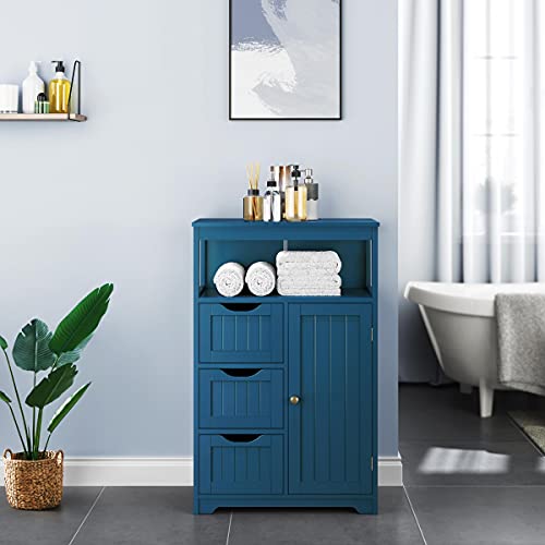 Topeakmart Free Standing Wood Bathroom Floor Cabinet, Navy Blue | Storage Cabinet with 3 Drawers and Cupboard, for Hallway/Entryway/Living Room Accent Furniture - color: Navy Blue