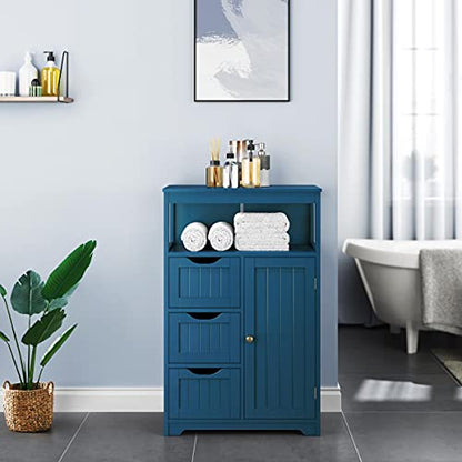 Topeakmart Free Standing Wood Bathroom Floor Cabinet, Navy Blue | Storage Cabinet with 3 Drawers and Cupboard, for Hallway/Entryway/Living Room Accent Furniture - color: Navy Blue