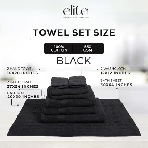 ELITE Emporium Home Collection 8-Piece Cotton Bath Towel Set - Ultra Soft, 550 GSM, Quick-Dry - Bath Sheet, Bath Towels, Hand Towels, Washcloths, Bath Mat - Luxury Bathroom Towel Set (Black) - color: Black