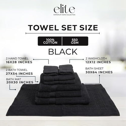 ELITE Emporium Home Collection 8-Piece Cotton Bath Towel Set - Ultra Soft, 550 GSM, Quick-Dry - Bath Sheet, Bath Towels, Hand Towels, Washcloths, Bath Mat - Luxury Bathroom Towel Set (Black) - color: Black