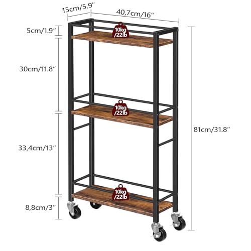 MAHANCRIS Slim Rolling Cart, Mobile Kitchen Cart on Wheels, Narrow Storage Cart for Small Space, Small Bar Cart, for Bathroom, Laundry, Living Room, Rustic Brown RCHR1501Z - color: Rustic Brown