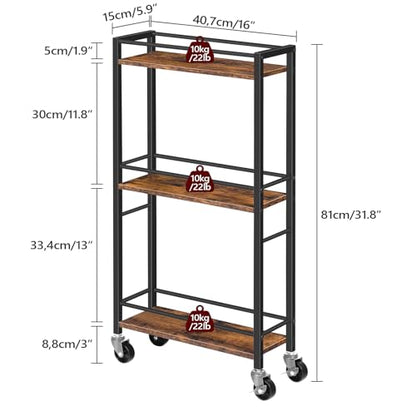 MAHANCRIS Slim Rolling Cart, Mobile Kitchen Cart on Wheels, Narrow Storage Cart for Small Space, Small Bar Cart, for Bathroom, Laundry, Living Room, Rustic Brown RCHR1501Z - color: Rustic Brown