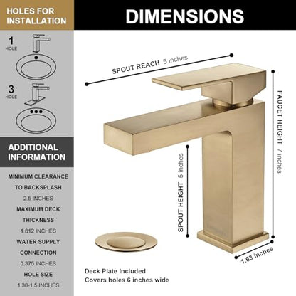 Champagne Gold Single Hole Bathroom Faucets, BF307-CB | Brushed Gold Bathroom Sink Faucet Single Handle Vanity Faucet with Drain Assembly, Deck Plate Included - color: Champagne Gold
