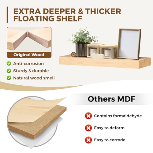 Solid Wood Floating Shelves, 24 Inch Wall Shelves, Set of 2, Wood | 8 Inch Deep, 1.6 Inch Thick, Extra-Wide Display Space, Mounting Hardware Included, For Kitchen, Bathroom and Living Room - color: Wood, size: 24x8x1.6