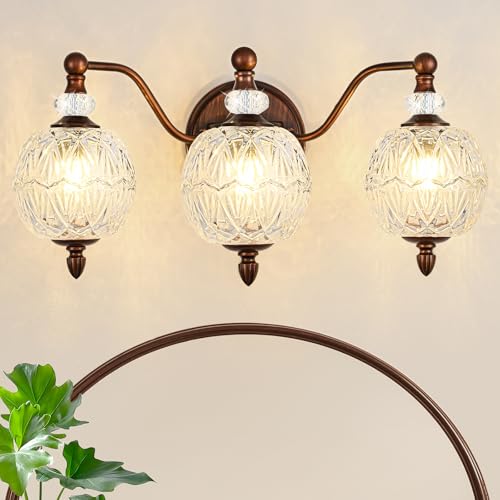 Vintage Bathroom Vanity Light, 3-Light Mid Century Antique Red Bronze Finish Wall Sconce with Globe Glass Shades, Retro Mirror Light for Bathroom, Powder Room - color: Antique Red Bronze, size: 3 Light