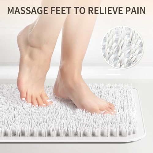 Yolife Shower Foot Scrubber Mat, Anti-Slip Bath Mat with Scrub Bristles, Soft Shower Foot Massager with Strong Suction Cups for Soothe Achy Feet (White, 27.5" x 15.7") - color: White, size: 27.5" x 15.7" (Rectangular)