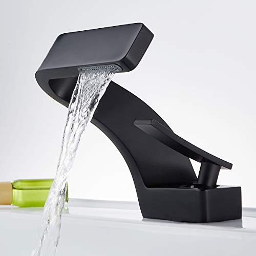 becola Bathroom Sink Waterfall Faucet,Solid Brass Single Handle Hot and Cold Water Mixer Tap, Lavatory Vanity Sink Faucet Including Two US Standard 3/8" Hoses (Matte Black) - color: Black