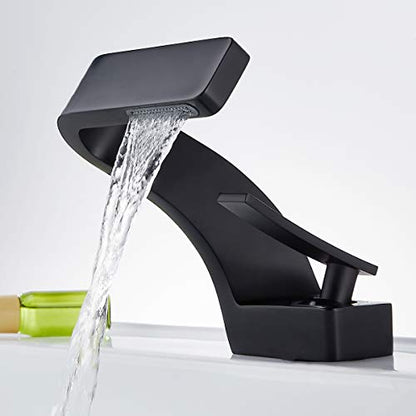 becola Bathroom Sink Waterfall Faucet,Solid Brass Single Handle Hot and Cold Water Mixer Tap, Lavatory Vanity Sink Faucet Including Two US Standard 3/8" Hoses (Matte Black) - color: Black