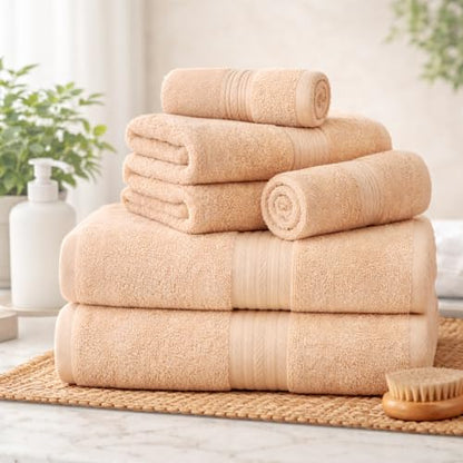 100% Cotton Bathroom Towel Set, 600 GSM, Soft & Absorbent, 6 Piece Set (2 Bath Towels, 2 Hand Towels, 2 Washcloths), Beige - color: Beige, size: Towel Set of 6