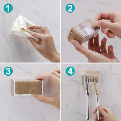 2 PCS Toothbrush Holders Wall Mounted with Cover (2, Wood Grain) | Wall mounted, Detachable, Easy to clean, Breathable, 2 Slots Self Adhesive Toothbrush Organizer for Bathroom - color: Wood Grain