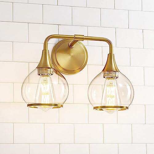Gold Bathroom Light Fixtures 2-Lights Vanity Lights with Clear Glass Shade Bathroom Vanity Light 14 Inch Wall Sconces(Exclude E26 Bulb)… - color: Gold, size: 2 Light