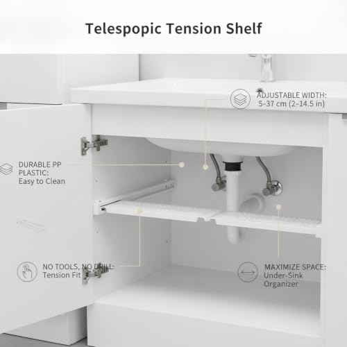 Adjustable Telescopic Tension Shelf for Under Sink Storage, No-Drill PP Plastic Cabinet Organizer Rack, White (1 Pack) - size: 14.84 x 4.72 x 0.71 in