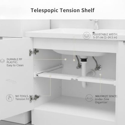 Adjustable Telescopic Tension Shelf for Under Sink Storage, No-Drill PP Plastic Cabinet Organizer Rack, White (1 Pack) - size: 14.84 x 4.72 x 0.71 in