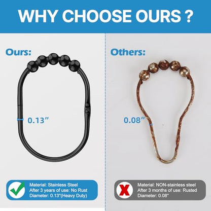 MENGJINGO 12PCS Wide Shower Curtain Hooks Rings, Rust Proof Stainless Steel | Heavy Duty Shower Hooks Rings for Bathroom Shower Rods Curtains Liners, Easy Glide Rollers, Set of 12, Black - color: Black