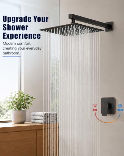 Heyalan 12 Inch Square Rain Shower Faucet Set with Valve, Oil Rubbed Bronze | Female-thread 1/2-inch NPT connections, SUS304 shower head, brass rough-in valve, single-handle control Shower Set - color: Bronze, size: 12 Inch Square Shower Head