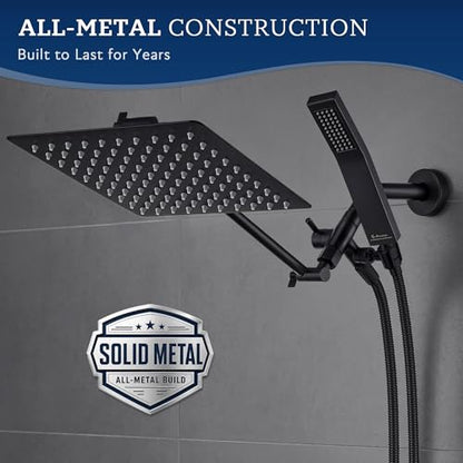 G-Promise All Metal 10" Dual Square Shower Head Combo | Rain Shower Head | Handheld Shower Wand | Adjustable | 3-Way Diverter | 71" Extra Long Hose - A Bathroom Upgrade (Matte Black) | Built to Last, Easy Install, Adjustable Height & Angle for All Heights