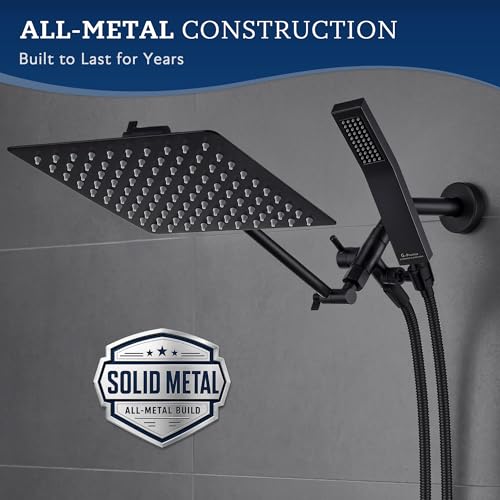 G-Promise All Metal 10" Dual Square Shower Head Combo | Rain Shower Head | Handheld Shower Wand | Adjustable | 3-Way Diverter | 71" Extra Long Hose - A Bathroom Upgrade (Matte Black) | Built to Last, Easy Install, Adjustable Height & Angle for All Heights