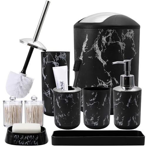 XLHOMO Black Marble Bathroom Accessories Set, Black Bathroom Set with Trash Can, Vanity Tray, Soap Dispenser, Soap Dish, Toothbrush Holder, Toothbrush Cup, Toilet Brush and Qtip Holders for Bathroom - color: Black Marble, size: Bathroom Set