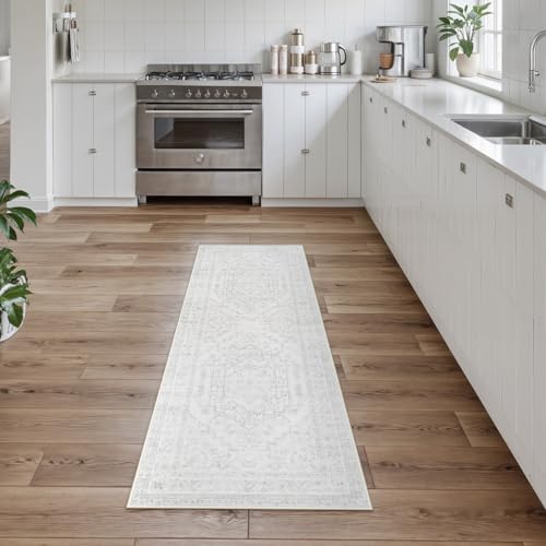 Uphome Boho Kitchen Runner Rug, 2x6 Washable Hallway Runner Rugs Non Slip, Soft Modern Entryway Carpet Runners Low Pile, Non Shedding Rug Runner for Laundry Bedroom Bathroom, Ash White - color: Ash White, size: 2'x6'